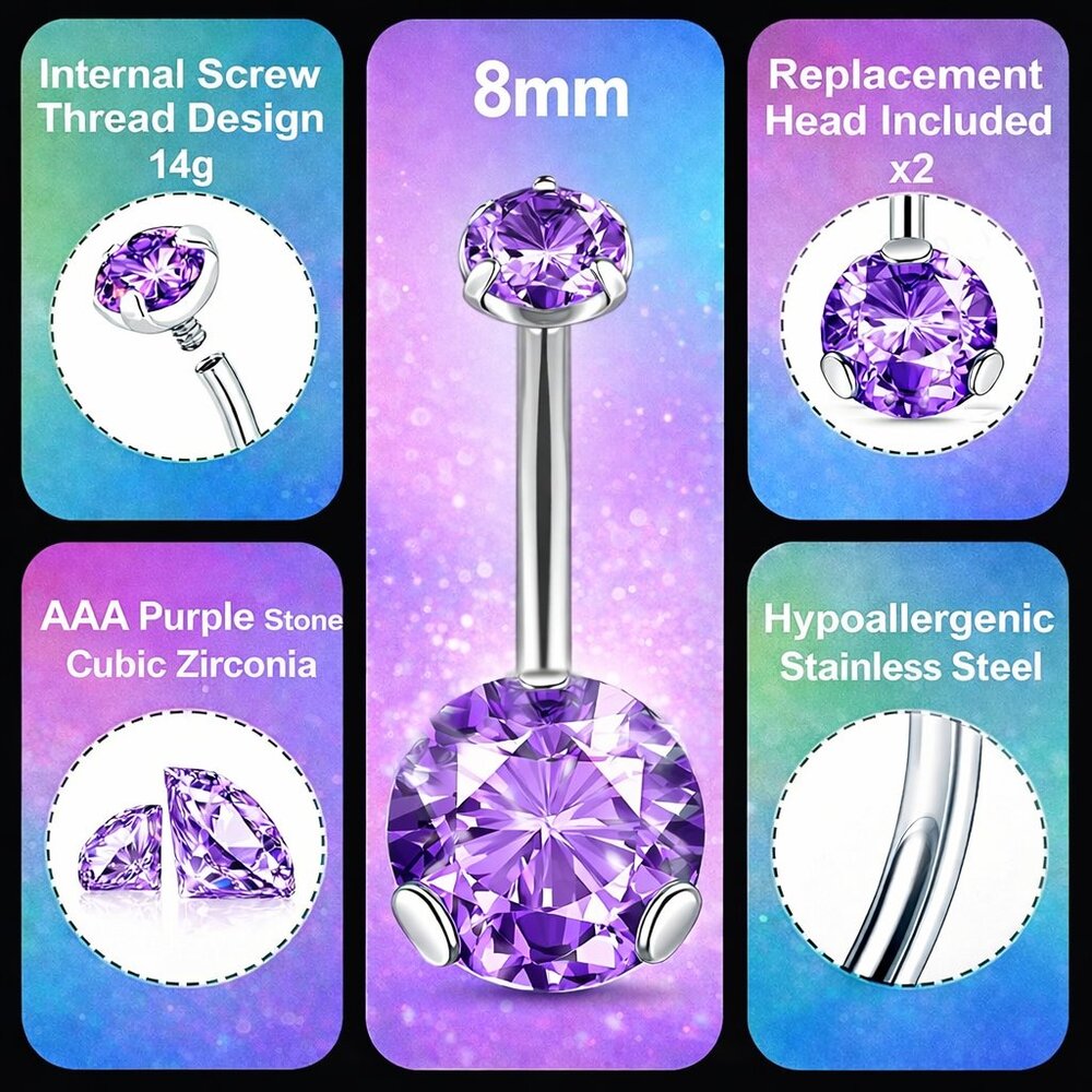 14g Stainless Belly Ring Internally Threaded AAA Purple CZ Hypoallergenic 8mm